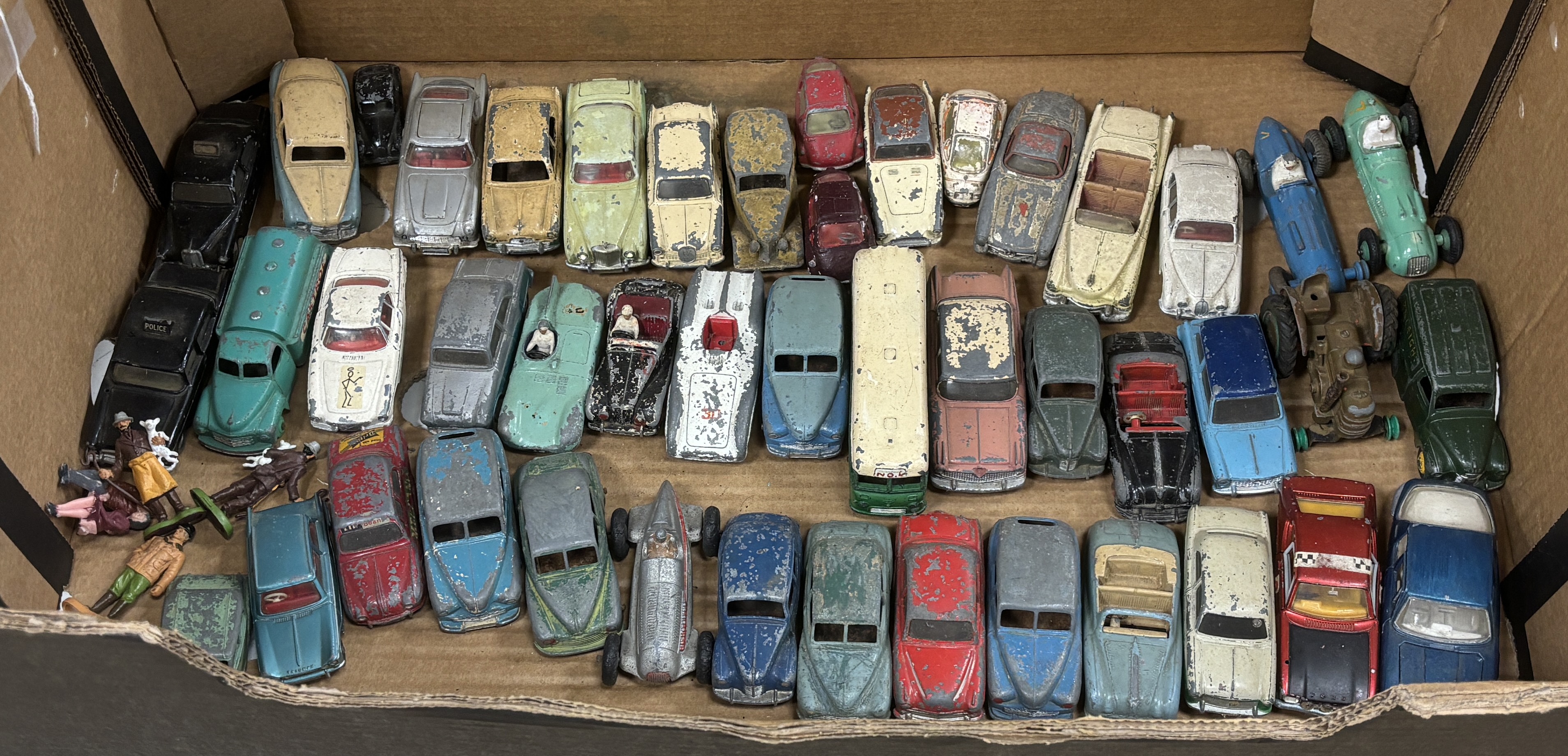 Forty-five 1950's and 1960's Dinky Toys and Corgi Toys for restoration, including Jaguar D type, Ford Zephyr, James Bond’s Aston Martin DB5, The Saint’s Volvo P1800, etc.